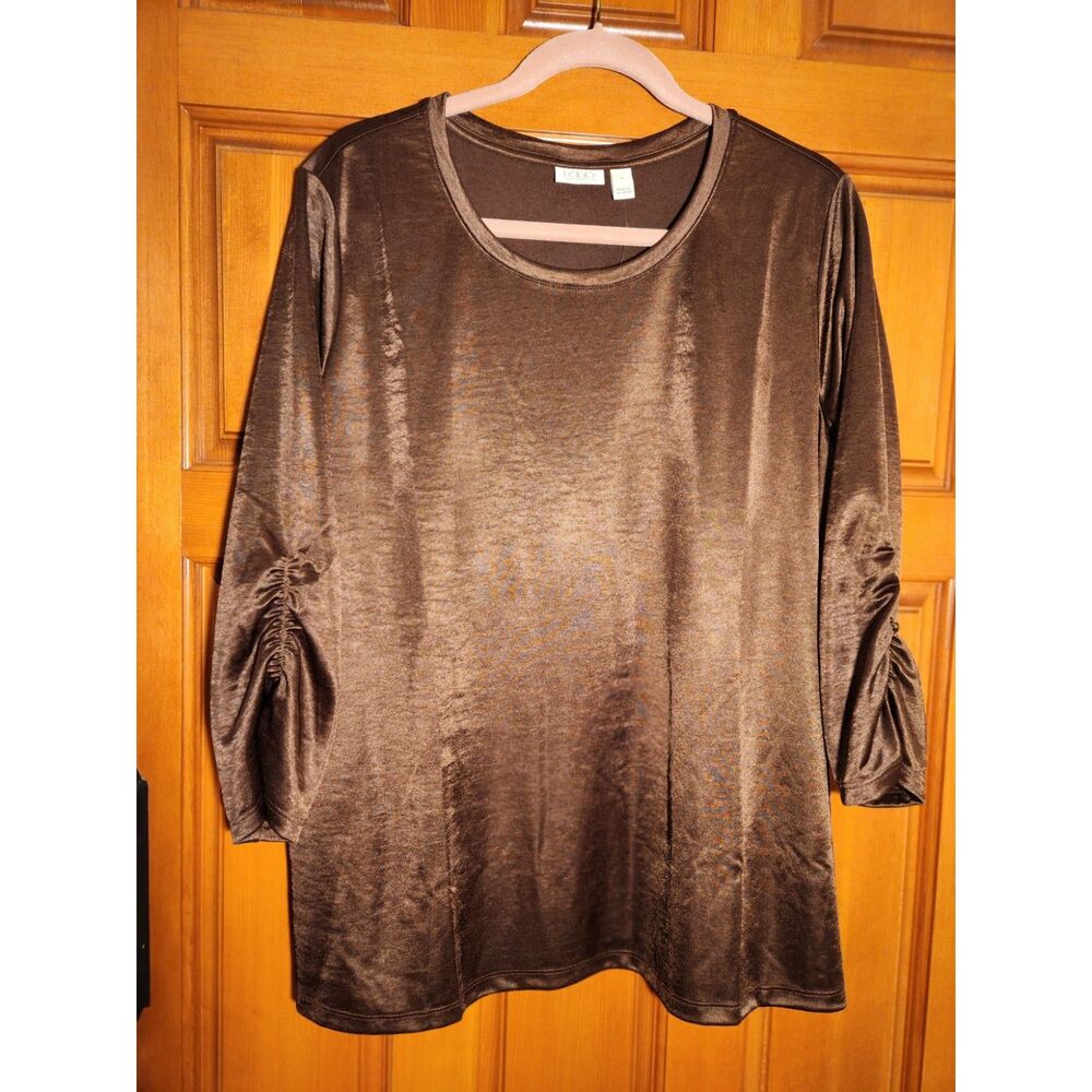 LOGO by Lori Goldstein Shiny Brown Top 3 Qtr Runched Sleeve Women's Size 1X